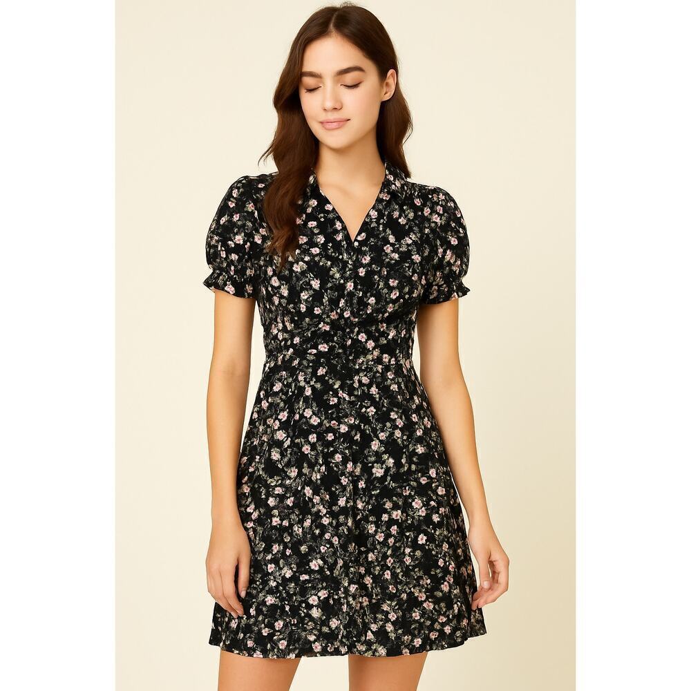 Love Tree Black Floral Puff Sleeve Button Front Dress - Size Small